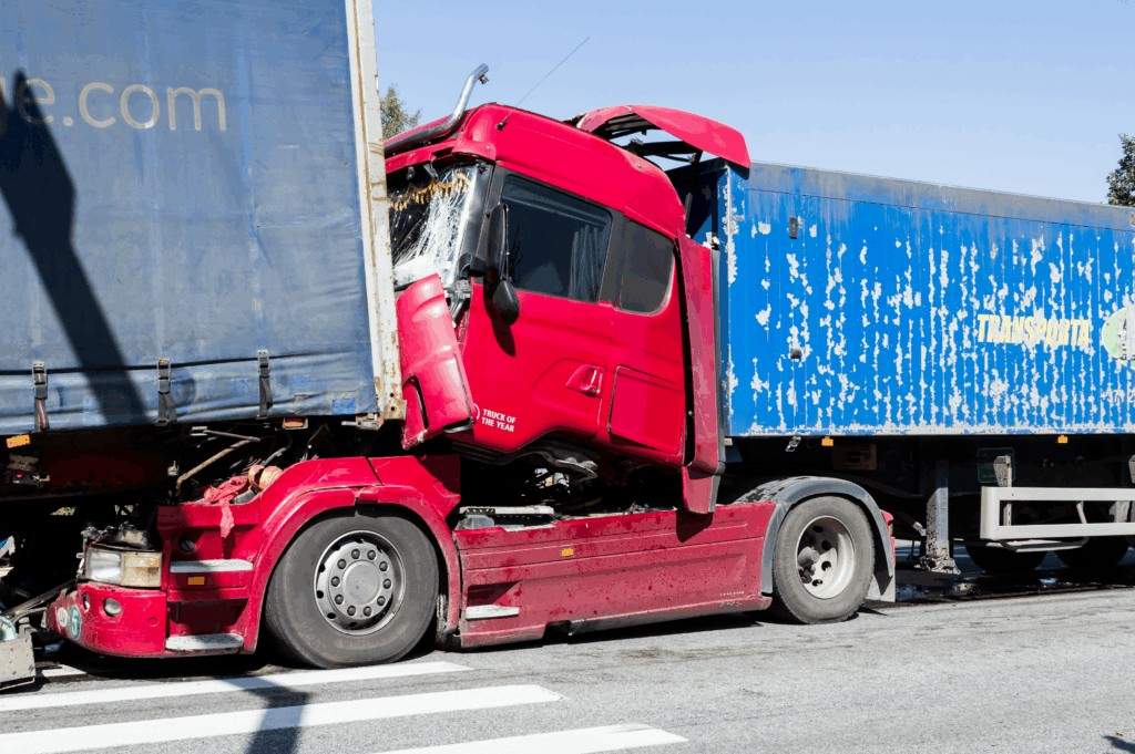 Damaged red truck in an accident with blue trailer